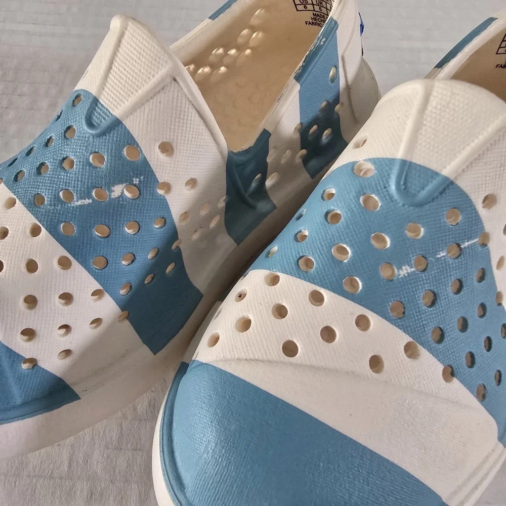 Toms Toddler Sz 6 - white, Argentina baby blue Stripe Slip on Rubber, Water Shoe